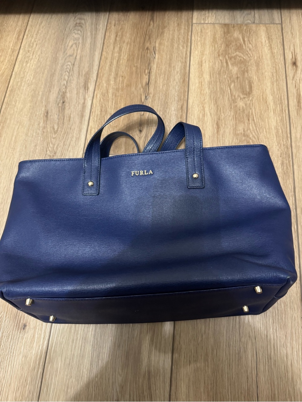 Furla Deep Blue Leather Tote with Gold Hardware